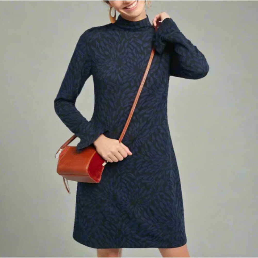 Anthropologie Blue Floral Knit Mini Dress Small Mock Neck Long Sleeve Stretch